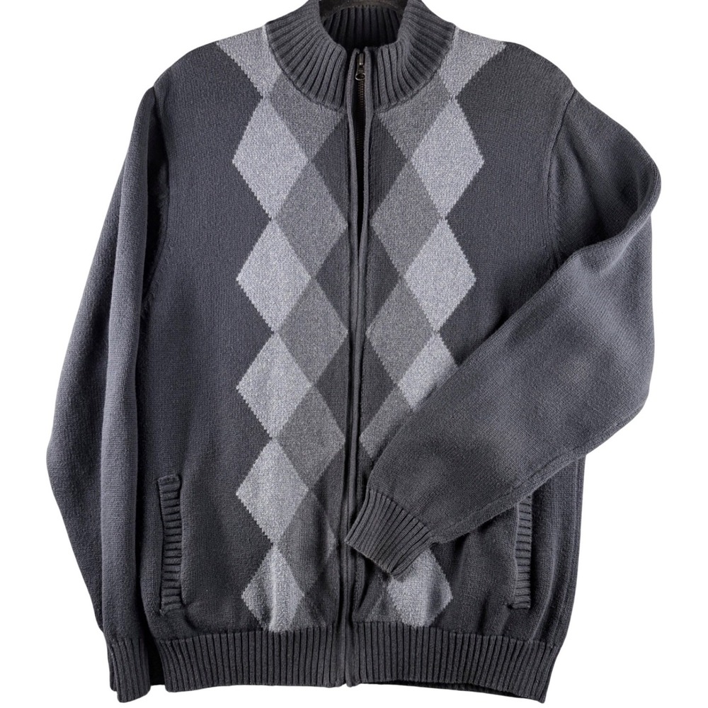 Grayson & Dunn Mens Full Zip Argyle Sweater Steel Blue Cotton Cardigan Large EUC